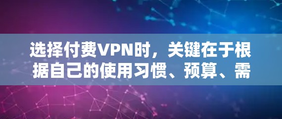选择付费VPN时，关键在于根据自己的使用习惯、预算、需求和安全性能来做出明智的决策。以下是一个结构化的总结，帮助您做出选择